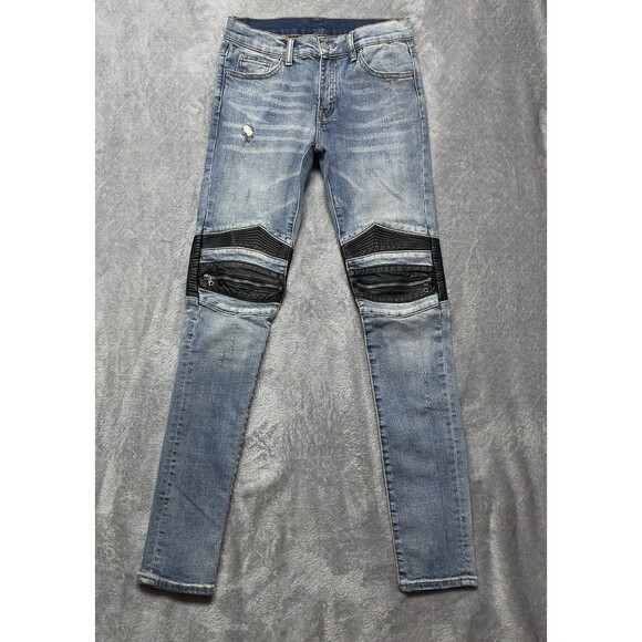 MNML Men’s Moto Biker Distressed Leather Knee Skinny Jeans Size 29x33 - Picture 6 of 15